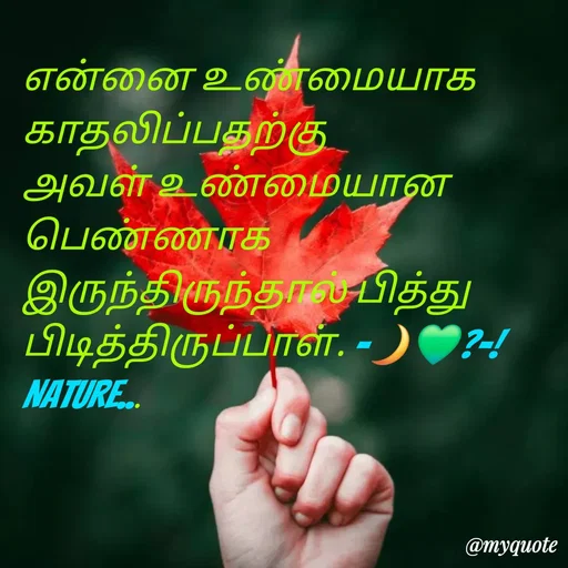 Quote by NILA.M NILA.M - என்னை உண்மையாக காதலிப்பதற்கு அவள் உண்மையான பெண்ணாக இருந்திருந்தால் பித்து பிடித்திருப்பாள். -🌙💚?-!Nature... - Made using Quotes Creator App, Post Maker App
