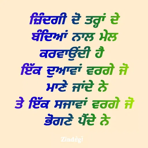 Quote by Anu Anu - ਜ਼ਿੰਦਗੀ ਦੋ ਤਰ੍ਹਾਂ ਦੇ
 ਬੰਦਿਆਂ ਨਾਲ ਮੇਲ 
ਕਰਵਾਉਂਦੀ ਹੈ 
ਇੱਕ ਦੁਆਵਾਂ ਵਰਗੇ ਜੋ
 ਮਾਣੇ ਜਾਂਦੇ ਨੇ
ਤੇ ਇੱਕ ਸਜਾਵਾਂ ਵਰਗੇ ਜੋ
 ਭੋਗਣੇ ਪੈਂਦੇ ਨੇ - Made using Quotes Creator App, Post Maker App