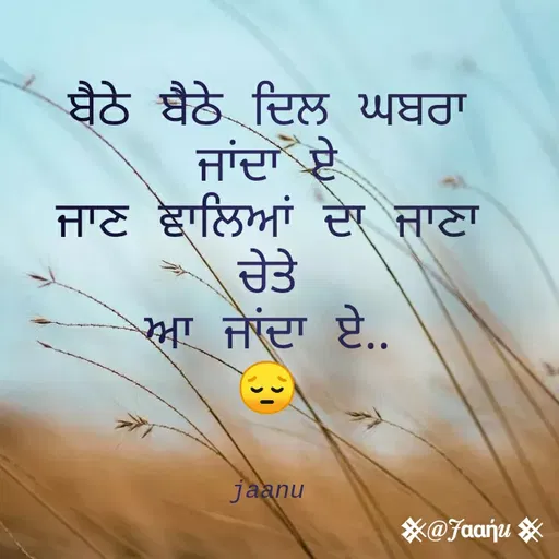 Quote by Anu Anu - ਬੈਠੇ ਬੈਠੇ ਦਿਲ ਘਬਰਾ ਜਾਂਦਾ ਏ
ਜਾਣ ਵਾਲਿਆਂ ਦਾ ਜਾਣਾ ਚੇਤੇ
ਆ ਜਾਂਦਾ ਏ..
😔


jaanu - Made using Quotes Creator App, Post Maker App