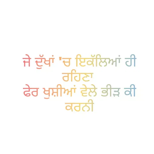 Quote by Anu Anu - ਜੇ ਦੁੱਖਾਂ 'ਚ ਇਕੱਲਿਆਂ ਹੀ ਰਹਿਣਾ 
ਫੇਰ ਖੁਸ਼ੀਆਂ ਵੇਲੇ ਭੀਡ਼ ਕੀ ਕਰਨੀ
 - Made using Quotes Creator App, Post Maker App