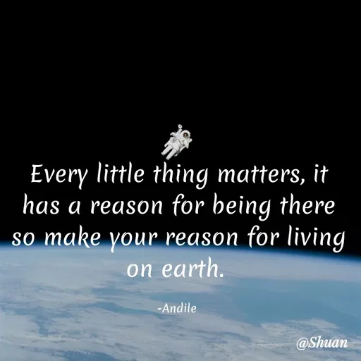 Quote by SHUAN Sithole - Every little thing matters, it
has a reason for being there
so make your reason for living
on earth.
-Andile
@Shuan
 - Made using Quotes Creator App, Post Maker App