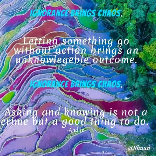 Quote by SHUAN Sithole - LONORANCE BRINGS CHAOS.
Letting something go
without action brings an
unknowlegeble outčome.
GNORANCE BRINGS CHAOS.
Asking and knowing is not a
erime but a good thing to do.
-Andile
@Shuan
 - Made using Quotes Creator App, Post Maker App