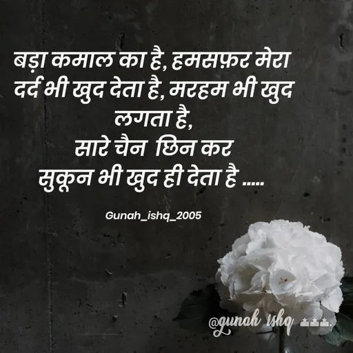 Quote by Gunah ishq - बड़ा कमाल का है, हमसफ़र मेरा 
दर्द भी खुद देता है, मरहम भी खुद लगता है,
 सारे चैन  छिन कर 
सुकून भी खुद ही देता है ..... 

Gunah_ishq_2005 - Made using Quotes Creator App, Post Maker App