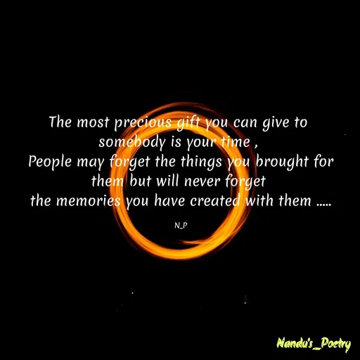 Quote by Nandeshwari Pachude - The most precious gift you can give to 
somebody is your time , 
People may forget the things you brought for them but will never forget 
the memories you have created with them .....

N_P - Made using Quotes Creator App, Post Maker App