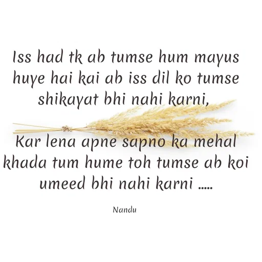 Quote by Nandeshwari Pachude - Iss had tk ab tumse hum mayus huye hai kai ab iss dil ko tumse shikayat bhi nahi karni, 
 
Kar lena apne sapno ka mehal khada tum hume toh tumse ab koi umeed bhi nahi karni .....

Nandu  - Made using Quotes Creator App, Post Maker App