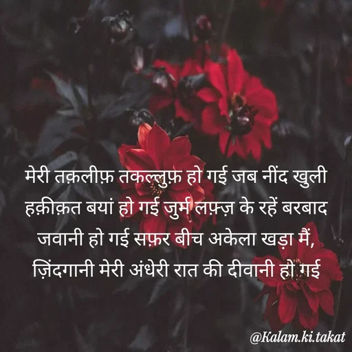 Quote by kalam.ki.takat - मेरी तक़लीफ़ तकल्लुफ़ हो गई जब नींद खुली हक़ीक़त बयां हो गई जुर्म लफ़्ज़ के रहें बरबाद जवानी हो गई सफ़र बीच अकेला खड़ा मैं, ज़िंदगानी मेरी अंधेरी रात की दीवानी हो गई - Made using Quotes Creator App, Post Maker App