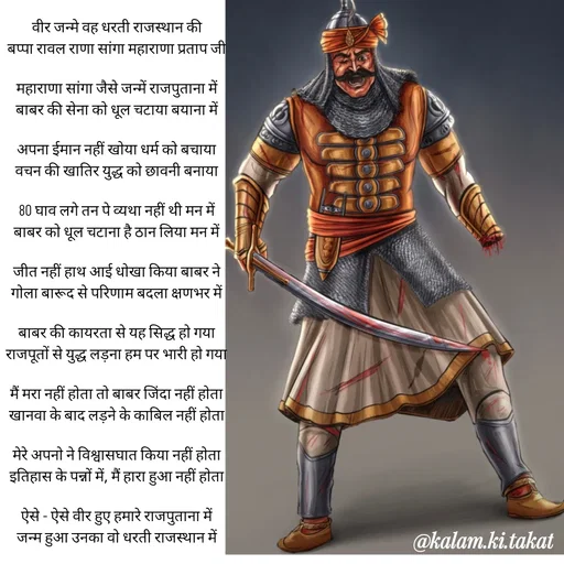 Quote by kalam.ki.takat - वीर जन्मे वह धरती राजस्थान की
बप्पा रावल राणा सांगा महाराणा प्रताप जी

महाराणा सांगा जैसे जन्में राजपुताना में
बाबर की सेना को धूल चटाया बयाना में

अपना ईमान नहीं खोया धर्म को बचाया
वचन की खातिर युद्ध को छावनी बनाया

80 घाव लगे तन पे व्यथा नहीं थी मन में
बाबर को धूल चटाना है ठान लिया मन में

जीत नहीं हाथ आई धोखा किया बाबर ने
गोला बारूद से परिणाम बदला क्षणभर में

बाबर की कायरता से यह सिद्ध हो गया
राजपूतों से युद्ध लड़ना हम पर भारी हो गया

मैं मरा नहीं होता तो बाबर जिंदा नहीं होता
खानवा के बाद लड़ने के काबिल नहीं होता

मेरे अपनो ने विश्वासघात किया नहीं होता
इतिहास के पन्नों में, मैं हारा हुआ नहीं होता

ऐसे - ऐसे वीर हुए हमारे राजपुताना में
जन्म हुआ उनका वो धरती राजस्थान में - Made using Quotes Creator App, Post Maker App