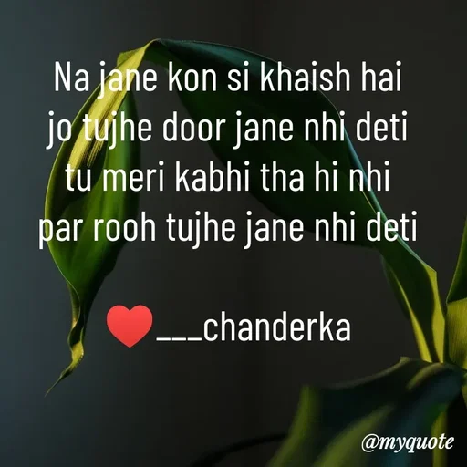 Quote by Chanderka Thakur - Na jane kon si khaish hai 
jo tujhe door jane nhi deti 
tu meri kabhi tha hi nhi 
par rooh tujhe jane nhi deti 

♥️___chanderka  - Made using Quotes Creator App, Post Maker App