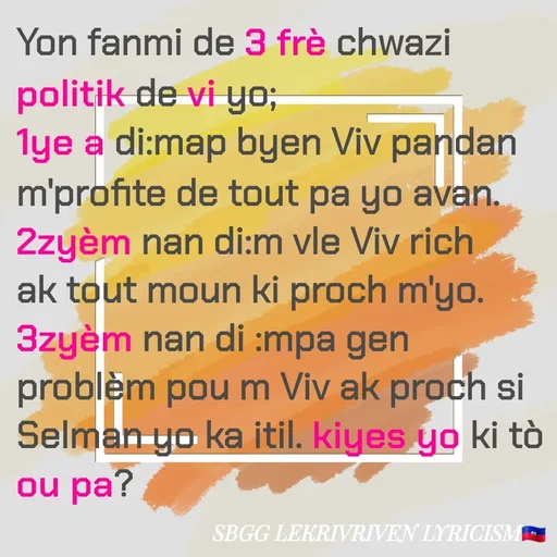 Quote by SBGG LEKRIVEN LYRICISM - Une famille de 3 frères choisit leur politique de vie ;
 le 1er dit : Je vivrai bien pendant que je profite de tous les leurs avant.
 le 2ème dit : Je veux vivre richement avec tous mes proches.
Le 3ème dit : Je n'ai aucun problème à vivre avec mes voisins pour peu qu'ils puissent être utiles.  Qui sont-ils à blâmer ou non ? - Made using Quotes Creator App, Post Maker App