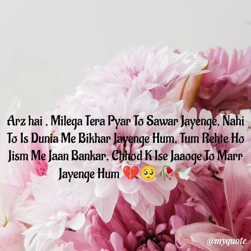 Quote by OM Soni - Arz hai , Milega Tera Pyar To Sawar Jayenge, Nahi To Is Dunia Me Bikhar Jayenge Hum, Tum Rehte Ho Jism Me Jaan Bankar, Chhod K Ise Jaaoge To Marr Jayenge Hum 💔🥺🥀🕊️ - Made using Quotes Creator App, Post Maker App
