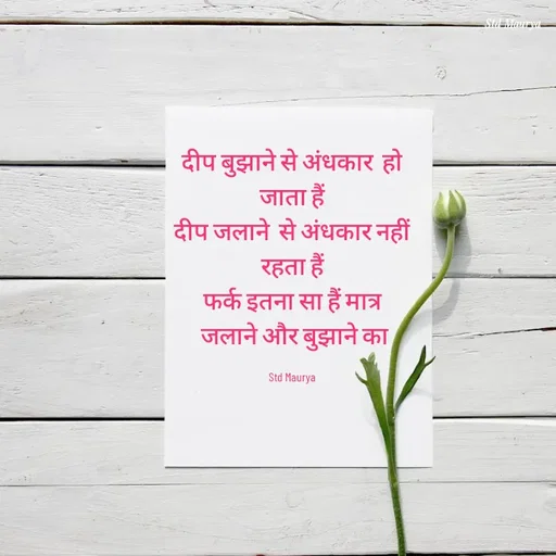 Quote by std maurya - दीप बुझाने से अंधकार  हो जाता हैं
दीप जलाने  से अंधकार नहीं रहता हैं
फर्क इतना सा हैं मात्र
 जलाने और बुझाने का

Std Maurya - Made using Quotes Creator App, Post Maker App