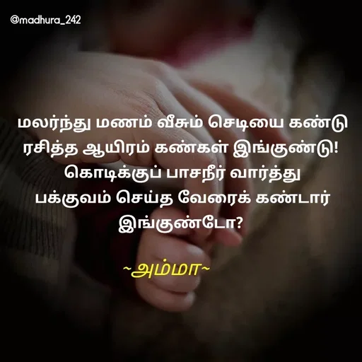 Quote by Madhumitha - மலர்ந்து மணம் வீசும் செடியை கண்டு ரசித்த ஆயிரம் கண்கள் இங்குண்டு! 
கொடிக்குப் பாசநீர் வார்த்து பக்குவம் செய்த வேரைக் கண்டார் இங்குண்டோ? ~அம்மா~ - Made using Quotes Creator App, Post Maker App