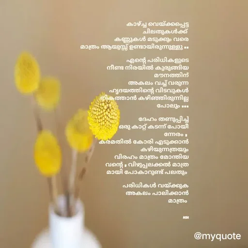 Quote by Ash Binoy - കാഴ്ച്ച വെയ്ക്കപ്പെട്ട
ചിലതുകൾക്ക് 
കണ്ണുകൾ മടുക്കും വരെ
മാത്രം ആയുസ്സ് ഉണ്ടായിരുന്നുള്ളു ..

എന്റെ പരിധികളുടെ
നീണ്ട നിരയിൽ കുരുങ്ങിയ
മൗനത്തിന്
അകലം വച്ച് വരുന്ന
ഹൃദയത്തിന്റെ വിടവുകൾ
നികത്താൻ കഴിഞ്ഞിരുന്നില്ല
പോലും ...

ദേഹം തണുപ്പിച്ച്
ഒരു കാറ്റ് കടന്ന് പോയീ
ന്നേരം , 
കരമതിൽ കോരി എടുക്കാൻ
കഴിയുന്നത്രയും
വിരഹം മാത്രം മോന്തിയ
വന്റെ , വിഴുപ്പലക്കൽ മാത്ര
മായി പോകാറുണ്ട് പലതും 

പരിധികൾ വയ്ക്കുക
അകലം പാലിക്കാൻ
മാത്രം 



Ash - Made using Quotes Creator App, Post Maker App