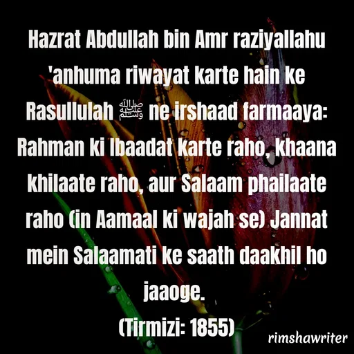 Quote by Islamic  post - Hazrat Abdullah bin Amr raziyallahu 'anhuma riwayat karte hain ke Rasullulah ﷺ ne irshaad farmaaya: Rahman ki Ibaadat karte raho, khaana khilaate raho, aur Salaam phailaate raho (in Aamaal ki wajah se) Jannat mein Salaamati ke saath daakhil ho jaaoge.
(Tirmizi: 1855)

 - Made using Quotes Creator App, Post Maker App