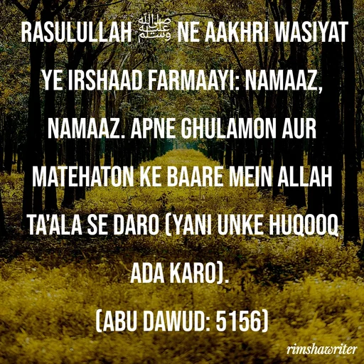 Quote by Islamic  post -  Rasulullah ﷺ ne aakhri wasiyat ye irshaad farmaayi: Namaaz, Namaaz. Apne ghulamon aur matehaton ke baare mein Allah Ta'ala se daro (yani unke huqooq ada karo).
(Abu Dawud: 5156)

 - Made using Quotes Creator App, Post Maker App