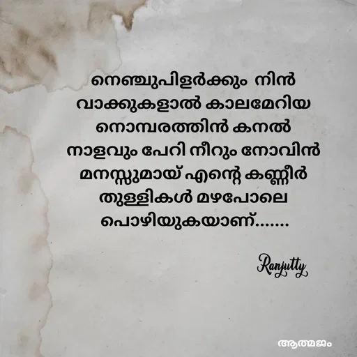 Quote by Ranjutty - നെഞ്ചുപിളർക്കും  നിൻ
വാക്കുകളാൽ കാലമേറിയ
നൊമ്പരത്തിൻ കനൽ
നാളവും പേറി നീറും നോവിൻ
മനസ്സുമായ് എന്റെ കണ്ണീർ
തുള്ളികൾ മഴപോലെ
 പൊഴിയുകയാണ്.......Ranjutty  - Made using Quotes Creator App, Post Maker App