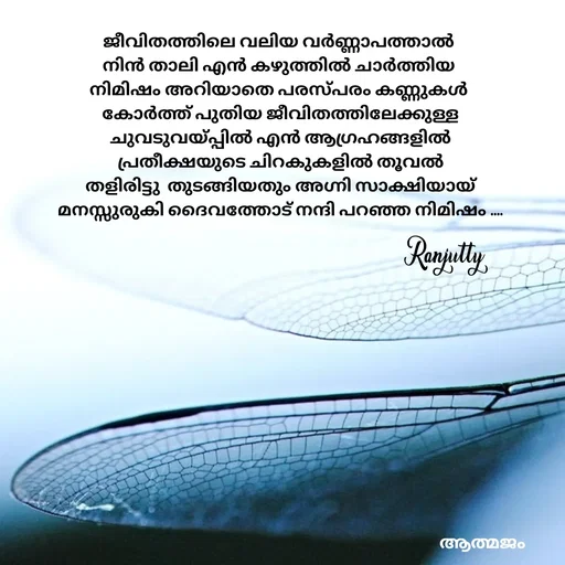 Quote by Ranjutty - ജീവിതത്തിലെ വലിയ വർണ്ണാപത്താൽ
നിൻ താലി എൻ കഴുത്തിൽ ചാർത്തിയ
നിമിഷം അറിയാതെ പരസ്പരം കണ്ണുകൾ
 കോർത്ത് പുതിയ ജീവിതത്തിലേക്കുള്ള
 ചുവടുവയ്പ്പിൽ എൻ ആഗ്രഹങ്ങളിൽ
 പ്രതീക്ഷയുടെ ചിറകുകളിൽ തൂവൽ
 തളിരിട്ടു  തുടങ്ങിയതും അഗ്നി സാക്ഷിയായ്
 മനസ്സുരുകി ദൈവത്തോട് നന്ദി പറഞ്ഞ നിമിഷം ....Ranjutty  - Made using Quotes Creator App, Post Maker App