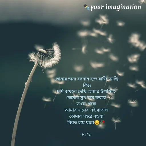Quote by your imagination - তোমার জন্য বদনাম হতে রাজি আছি
 কিন্তু
যদি কখনো দেখি আমার উপস্থিতি
তোমার সুখ ক্ষয় করছে
তখন থেকে
আমার নামের এই বাতাস
তোমার শহরে বওয়া
বিরত হয়ে যাবে☺️🥀

-Ri Ya  - Made using Quotes Creator App, Post Maker App