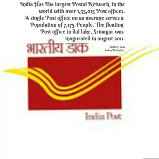 Quote by Sandeep N A Sandeep - India Has The largest Postal Network in the
world with over 1,55,015 Post offices.
A single Post office on an average serves a
Population of 7,175 People. The floating
Post office in dal lake, Srinagar was
inagurated in august 2011.
भतीय डॉक
-Sandeep NA
indian Post office
India Post
 - Made using Quotes Creator App, Post Maker App