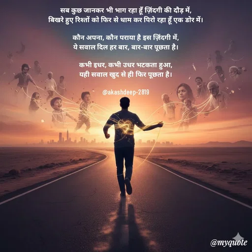Quote by akash deep - सब कुछ जानकर भी भाग रहा हूँ ज़िंदगी की दौड़ में,
बिखरे हुए रिश्तों को फिर से थाम कर पिरो रहा हूँ एक डोर में।

कौन अपना, कौन पराया है इस ज़िंदगी में,
ये सवाल दिल हर बार, बार-बार पूछता है।

कभी इधर, कभी उधर भटकता हुआ,
यही सवाल खुद से ही फिर पूछता है।

@akashdeep-2819 - Made using Quotes Creator App, Post Maker App