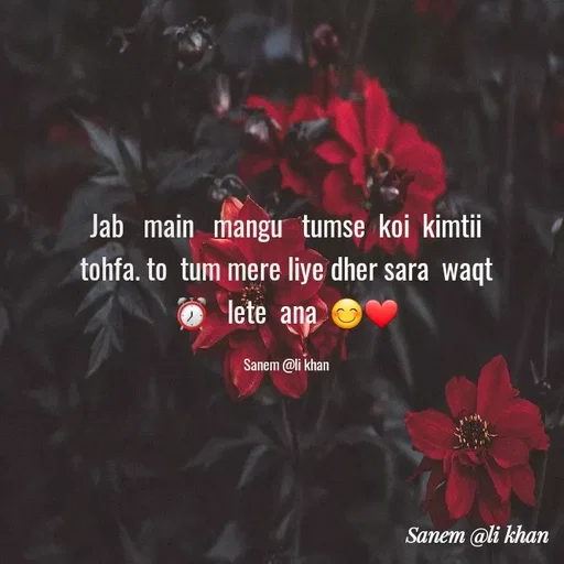 Quote by SANEM ALI KHAN - Jab   main   mangu   tumse  koi  kimtii  tohfa. to  tum mere liye dher sara  waqt  ⏰   lete  ana  😊❤

Sanem @li khan - Made using Quotes Creator App, Post Maker App