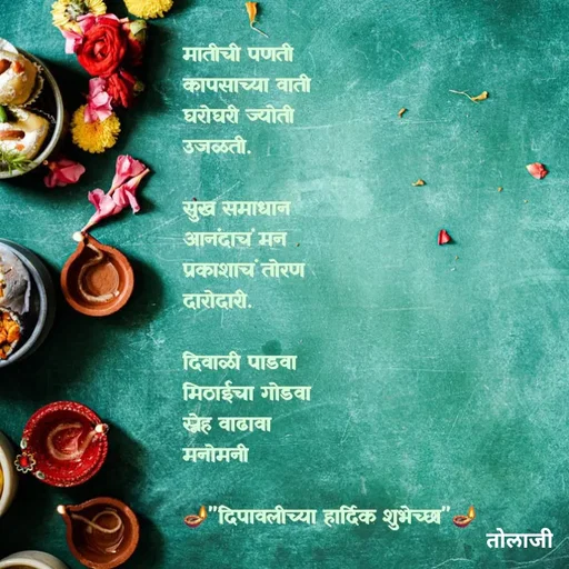 Quote by तोलाजी - मातीची पणती
कापसाच्या वाती
घरोघरी ज्योती
उजळती.

सुख समाधान
आनंदाचं मन
प्रकाशाचं तोरण
दारोदारी. 

दिवाळी पाडवा
मिठाईचा गोडवा
स्नेह वाढावा
मनोमनी

🪔"दिपावलीच्या हार्दिक शुभेच्छा"🪔
 - Made using Quotes Creator App, Post Maker App