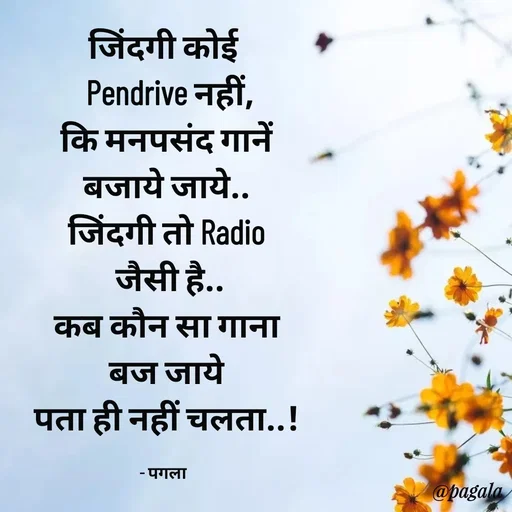 Quote by Pagala  Kahi Ka - जिंदगी कोई
  Pendrive नहीं,
 कि मनपसंद गानें
 बजाये जाये..
 जिंदगी तो Radio
  जैसी है..
 कब कौन सा गाना
 बज जाये
 पता ही नहीं चलता..!

- पगला - Made using Quotes Creator App, Post Maker App