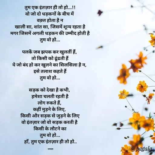 Quote by Pagala  Kahi Ka - तुम एक इंतज़ार ही तो हो...!!
वो जो दो धड़कनों के बीच में 
वक़्त होता है न
खाली सा, शांत सा, जिसमें शून्य रहता है
मगर जिसमें अगली धड़कन की उम्मीद होती है
तुम वो हो...

पलकें जब झपक कर खुलतीं हैं, 
तो किसी को ढूंढती हैं
ये जो बंद हो कर खुलने का सिलसिला है न, 
इसे तलाश कहते हैं
तुम वो हो...

सड़क को देखा है कभी, 
हमेशा चलती रहती है
लोग रुकते हैं, 
कहीं मुड़ने के लिए, 
किसी और सड़क से जुड़ने के लिए
वो इंतज़ार जो वो सड़क करती है 
किसी के लौटने का
तुम वो हो...
 हाँ, तुम एक इंतज़ार ही तो हो..

- पगला - Made using Quotes Creator App, Post Maker App