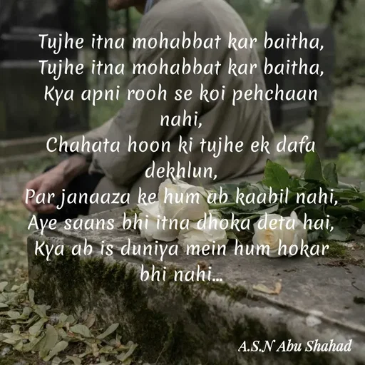 Quote by A.S.N Abu shahad - Tujhe itna mohabbat kar baitha,
Tujhe itna mohabbat kar baitha,
Kya apni rooh se koi pehchaan nahi,
Chahata hoon ki tujhe ek dafa dekhlun,
Par janaaza ke hum ab kaabil nahi,
Aye saans bhi itna dhoka deta hai,
Kya ab is duniya mein hum hokar bhi nahi... - Made using Quotes Creator App, Post Maker App