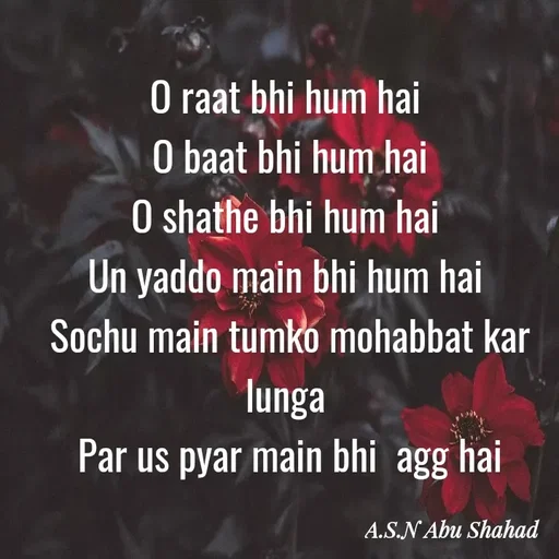 Quote by A.S.N Abu shahad - O raat bhi hum hai 
‎O baat bhi hum hai
‎O shathe bhi hum hai 
‎Un yaddo main bhi hum hai 
‎Sochu main tumko mohabbat kar lunga 
‎Par us pyar main bhi  agg hai - Made using Quotes Creator App, Post Maker App