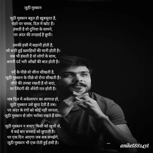 Quote by itz_8824_vibes_ - जूठी मुस्कान

जूठी मुस्कान बहुत ही ख़ूबसूरत है,
चेहरे पर चमक, दिल में खोट है।
हंसती है वो दुनिया के सामने,
पर अंदर की तनहाई है छुपी।

उसकी हंसी में कहानी होती है,
जो रूठी हुई ख़्वाहिशों की मानी होती है।
जब भी हंसती है वो लोगों के साथ,
अपनी दर्द भरी आँखों की बात होती है।

पर्दे के पीछे वो जीना सीखती है,
जूठी मुस्कान के पीछे वो रोना सीखती है।
जीने की तमन्ना रखती है वो सदा,
पर जिंदगी की अँधेरी रात होती है।

जब दिल में अकेलापन का आगाज़ हो,
जूठी मुस्कान उसे छूपा देती है तब।
पर अंदर के रंगों को कोई नहीं जानता,
जूठी मुस्कान से लोग भरोसा रखते हैं यार।

जूठी मुस्कान न बचाए किसी को ख़ुशी से,
ये कई बार सच्चाई को छुपाती है।
पर एक दिन आएगा जब सब समझेंगे,
जूठी मुस्कान भी एक रोती हुई हंसी है। - Made using Quotes Creator App, Post Maker App