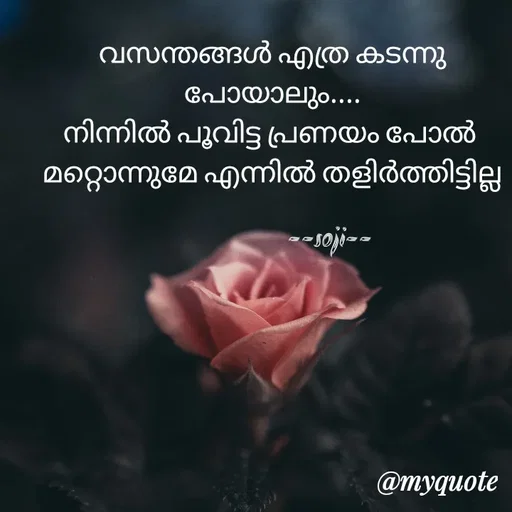 Quote by Soji k raju - വസന്തങ്ങൾ എത്ര കടന്നു പോയാലും....
നിന്നിൽ പൂവിട്ട പ്രണയം പോൽ 
മറ്റൊന്നുമേ എന്നിൽ തളിർത്തിട്ടില്ല
    
                    --soji-- - Made using Quotes Creator App, Post Maker App