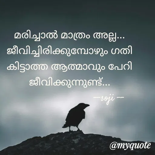 Quote by Soji k raju - മരിച്ചാൽ മാത്രം അല്ല... ജീവിച്ചിരിക്കുമ്പോഴും ഗതി കിട്ടാത്ത ആത്മാവും പേറി ജീവിക്കുന്നുണ്ട്...
                            --soji -- - Made using Quotes Creator App, Post Maker App