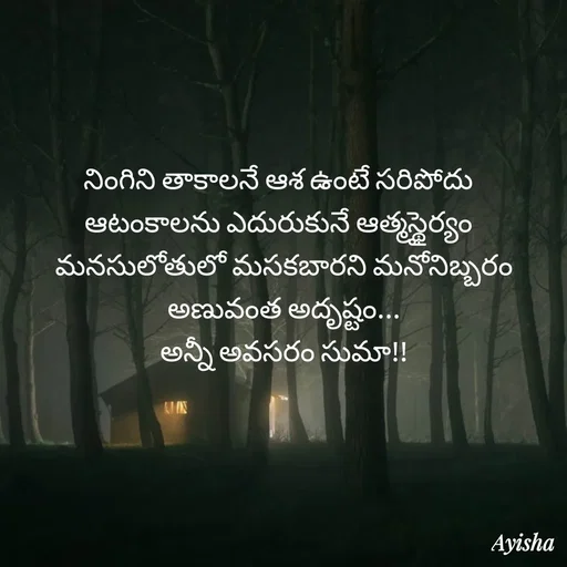 Quote by Ayisha Diaries - నింగిని తాకాలనే ఆశ ఉంటే సరిపోదు  
ఆటంకాలను ఎదురుకునే ఆత్మస్థైర్యం  
మనసులోతులో మసకబారని మనోనిబ్బరం
అణువంత అదృష్టం...
అన్నీ అవసరం సుమా!! - Made using Quotes Creator App, Post Maker App