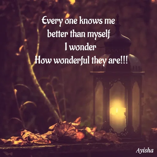 Quote by Ayisha Diaries - Every one knows me   
better than myself   
 I wonder  
How wonderful they are!!! - Made using Quotes Creator App, Post Maker App