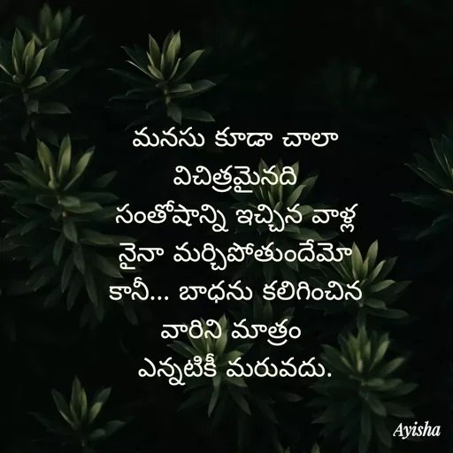Quote by New life * - మనసు కూడా చాలా
విచిత్రమైనది
సంతోషాన్ని ఇచ్చిన వాళ్ల
నైనా మర్చిపోతుందేమో
కానీ... బాధను కలిగించిన
వారిని మాత్రం
ఎన్నటికీ మరువదు
Ayisha
 - Made using Quotes Creator App, Post Maker App