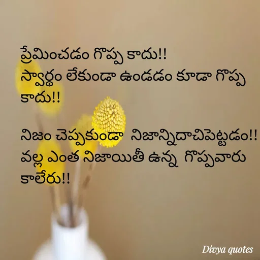 Quote by V Divya - 
ప్రేమించడం గొప్ప కాదు!!
స్వార్థం లేకుండా ఉండడం కూడా గొప్ప కాదు!!

నిజం చెప్పకుండా  నిజాన్నిదాచిపెట్టడం!!
వల్ల ఎంత నిజాయితీ ఉన్న  గొప్పవారు కాలేరు!!
 - Made using Quotes Creator App, Post Maker App