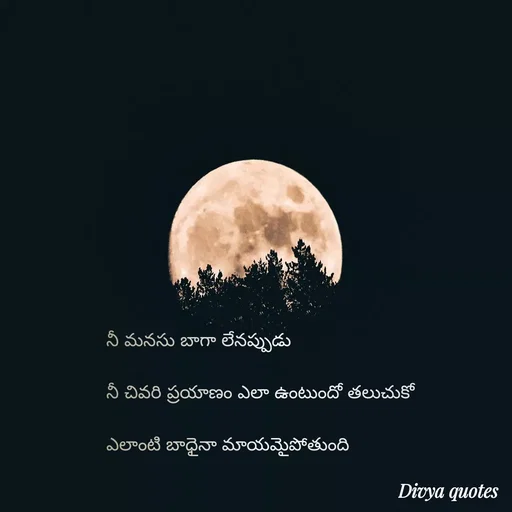 Quote by V Divya - నీ మనసు బాగా లేనప్పుడు

నీ చివరి ప్రయాణం ఎలా ఉంటుందో తలుచుకో

ఎలాంటి బాధైనా మాయమైపోతుంది - Made using Quotes Creator App, Post Maker App