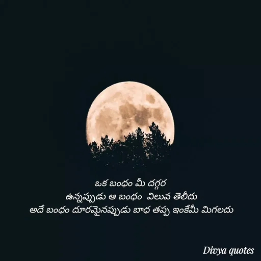Quote by V Divya - ఒక బంధం మీ దగ్గర 
ఉన్నప్పుడు ఆ బంధం  విలువ తెలీదు
అదే బంధం దూరమైనప్పుడు బాధ తప్ప ఇంకేమీ మిగలదు
 - Made using Quotes Creator App, Post Maker App