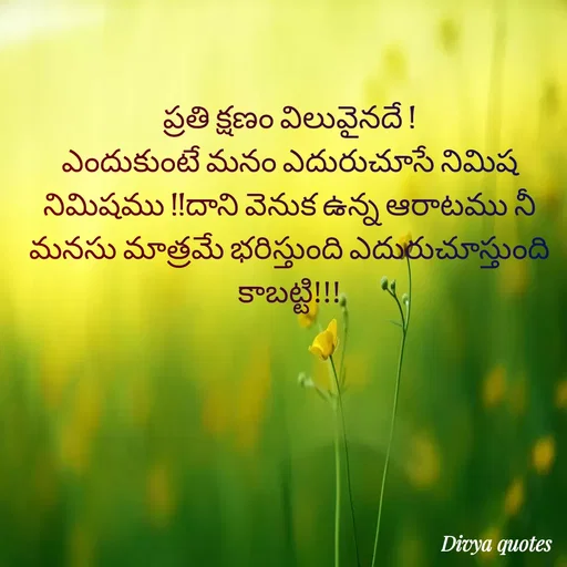 Quote by V Divya - ప్రతి క్షణం విలువైనదే !
ఎందుకుంటే మనం ఎదురుచూసే నిమిష నిమిషము !!దాని వెనుక ఉన్న ఆరాటము నీ మనసు మాత్రమే భరిస్తుంది ఎదురుచూస్తుంది కాబట్టి!!! - Made using Quotes Creator App, Post Maker App