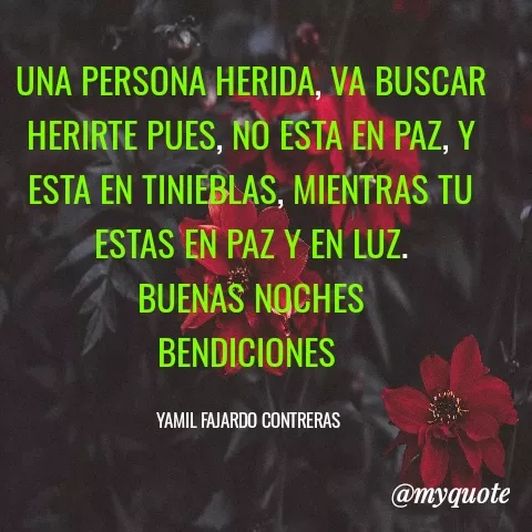 Quote by YAMIL AUGUSTO FAJARDO CONTRERAS - UNA PERSONA HERIDA, VA BUSCAR HERIRTE PUES, NO ESTA EN PAZ, Y ESTA EN TINIEBLAS, MIENTRAS TU ESTAS EN PAZ Y EN LUZ.
BUENAS NOCHES
BENDICIONES 

YAMIL FAJARDO CONTRERAS  - Made using Quotes Creator App, Post Maker App