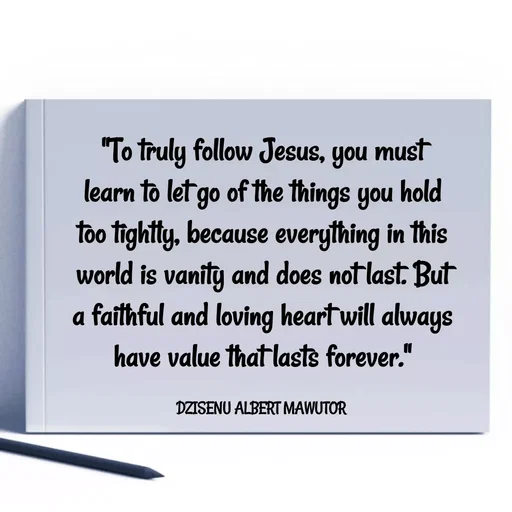 Quote by ALBERT MAWUTOR DZISENU - "To truly follow Jesus, you must learn to let go of the things you hold too tightly, because everything in this world is vanity and does not last. But a faithful and loving heart will always have value that lasts forever."

DZISENU ALBERT MAWUTOR  - Made using Quotes Creator App, Post Maker App
