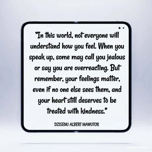 Quote by ALBERT MAWUTOR DZISENU - “In this world, not everyone will understand how you feel. When you speak up, some may call you jealous or say you are overreacting. But remember, your feelings matter, even if no one else sees them, and your heart still deserves to be treated with kindness.”

DZISENU ALBERT MAWUTOR  - Made using Quotes Creator App, Post Maker App