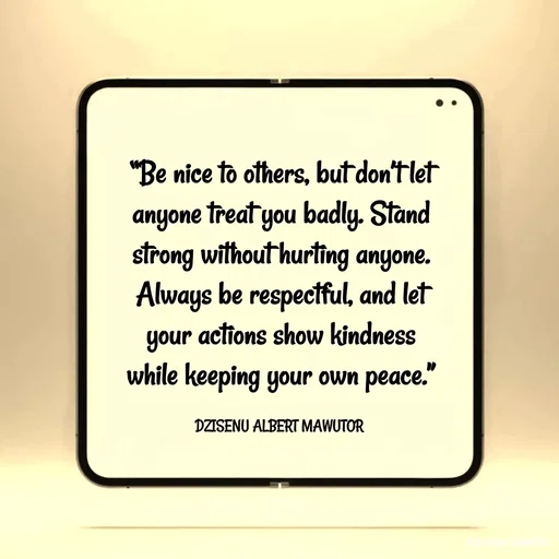 Quote by ALBERT MAWUTOR DZISENU - “Be nice to others, but don’t let anyone treat you badly. Stand strong without hurting anyone. Always be respectful, and let your actions show kindness while keeping your own peace.”

DZISENU ALBERT MAWUTOR  - Made using Quotes Creator App, Post Maker App