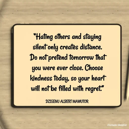 Quote by ALBERT MAWUTOR DZISENU - “Hating others and staying silent only creates distance. Do not pretend tomorrow that you were ever close. Choose kindness today, so your heart will not be filled with regret.”

DZISENU ALBERT MAWUTOR  - Made using Quotes Creator App, Post Maker App
