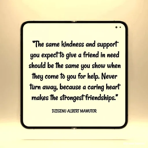 Quote by ALBERT MAWUTOR DZISENU - “The same kindness and support you expect to give a friend in need should be the same you show when they come to you for help. Never turn away, because a caring heart makes the strongest friendships.”

DZISENU ALBERT MAWUTOR  - Made using Quotes Creator App, Post Maker App
