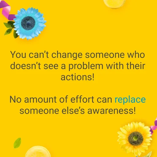 Quote by Renee Brathwaite - You can’t change someone who doesn’t see a problem with their actions!

No amount of effort can replace someone else’s awareness! - Made using Quotes Creator App, Post Maker App