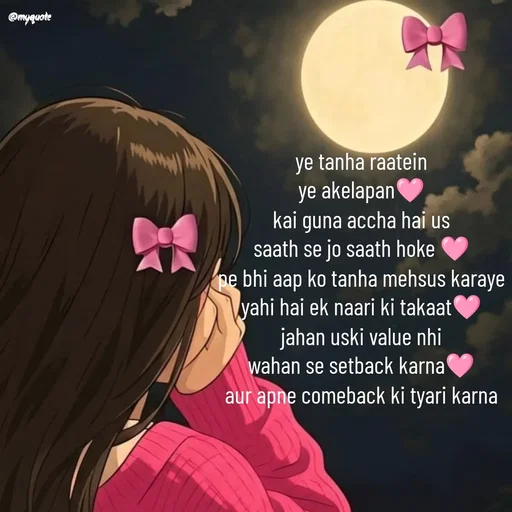 Quote by positive vibes - ye tanha raatein
ye akelapan🩷
kai guna accha hai us
saath se jo saath hoke 🩷
pe bhi aap ko tanha mehsus karaye
yahi hai ek naari ki takaat🩷
jahan uski value nhi
wahan se setback karna🩷
aur apne comeback ki tyari karna - Made using Quotes Creator App, Post Maker App