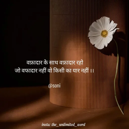Quote by p.k.soni - वफ़ादार के साथ वफ़ादार रहो
जो वफादार नहीं वो किसी का यार नहीं ।। 

@soni 
 - Made using Quotes Creator App, Post Maker App