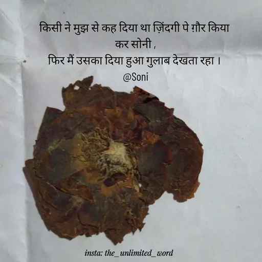 Quote by p.k.soni - किसी ने मुझ से कह दिया था ज़िंदगी पे ग़ौर किया 
कर सोनी ,
फिर मैं उसका दिया हुआ गुलाब देखता रहा । 
@Soni - Made using Quotes Creator App, Post Maker App